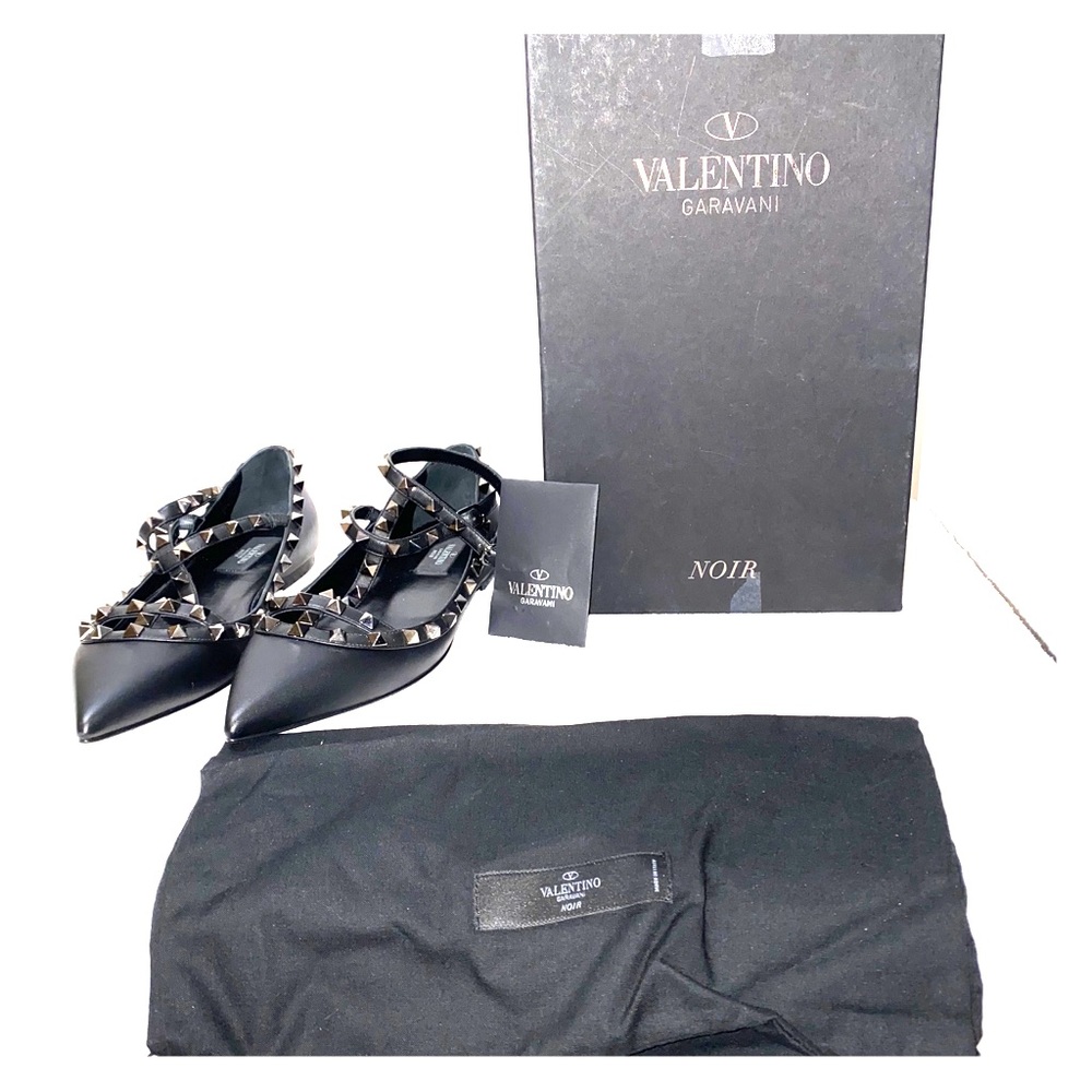 Valentino Black Leather Rockstud Ankle Ballerina